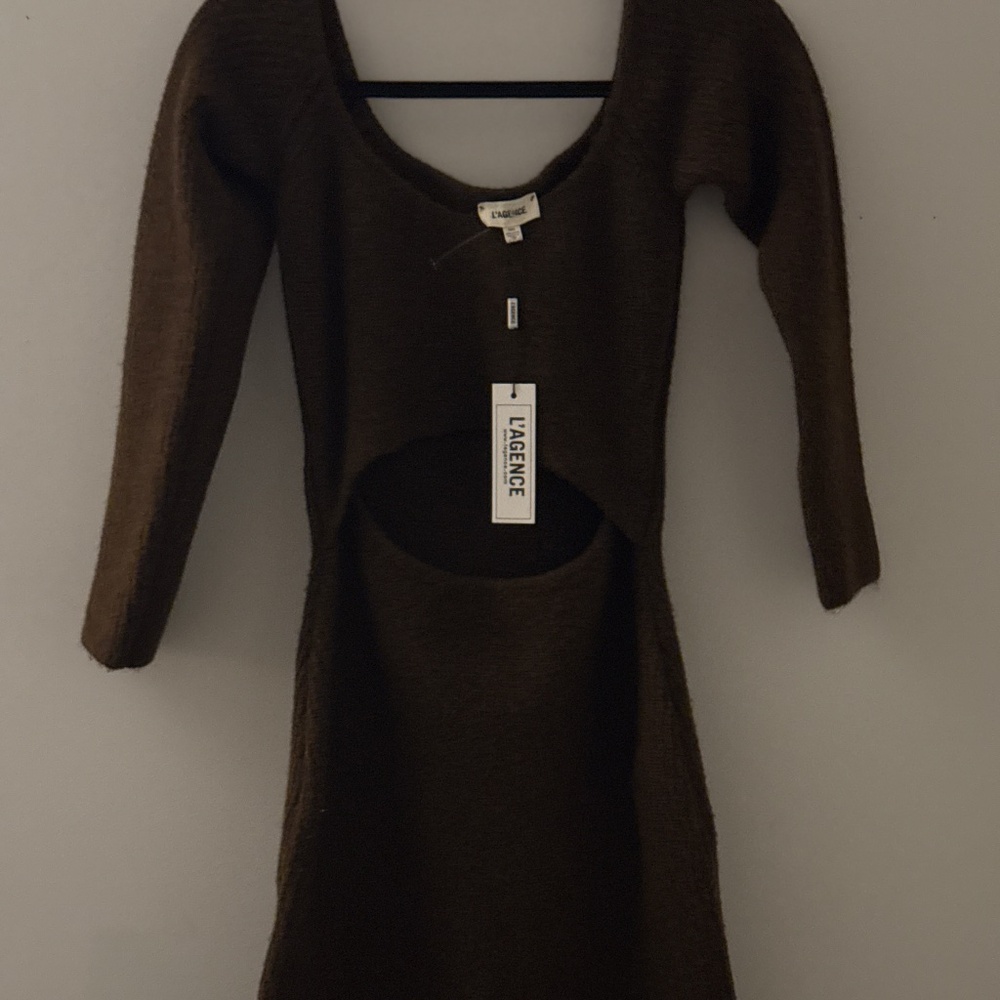 Nala L’AGENCE Brown Wool Mid-length Cutout off the shoulder Dress